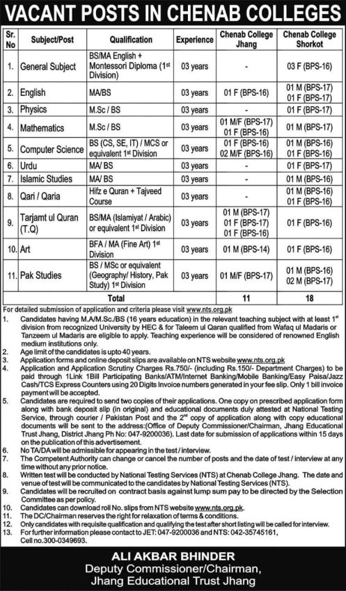 Chenab Colleges Teaching Jobs 2025
